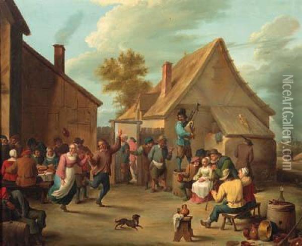 Peasants Merrymaking In The Courtyard Of An Inn Oil Painting - David The Younger Teniers