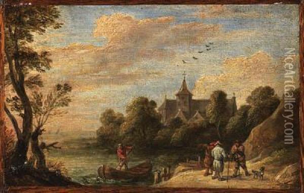 A Landscape With Peasants By A Landing Stage And A Man In A Boat, Achurch Beyond Oil Painting - David The Younger Teniers