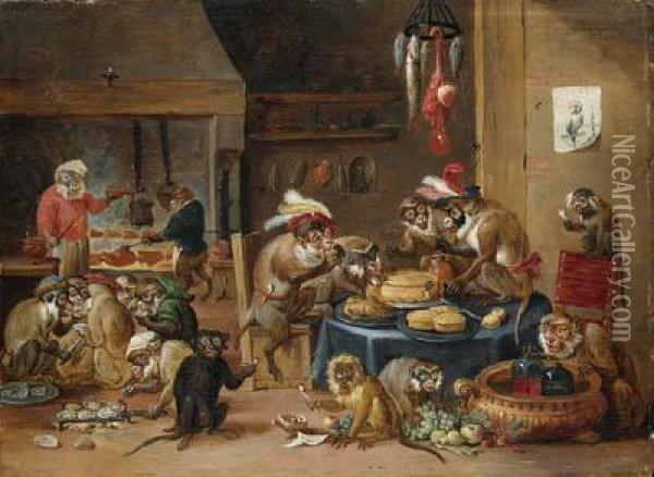 Monkeys Preparing Food In A Kitchen Oil Painting - David The Younger Teniers