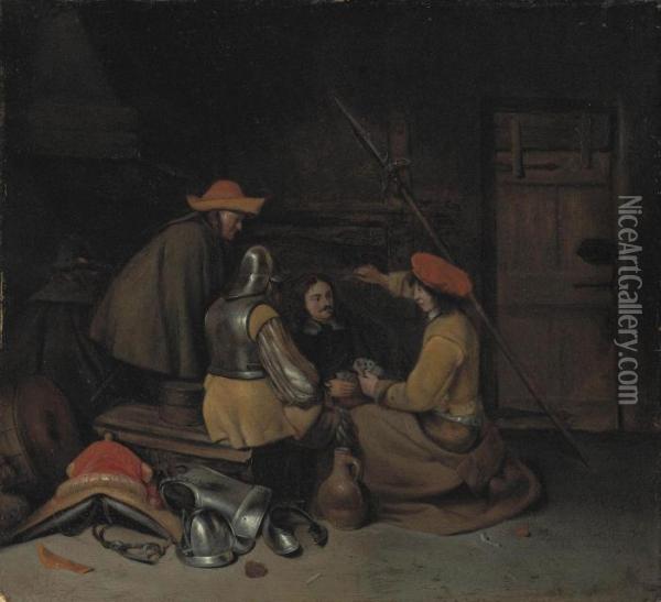 Soldiers Playing Cards In An Interior Oil Painting - Gerard Terborch