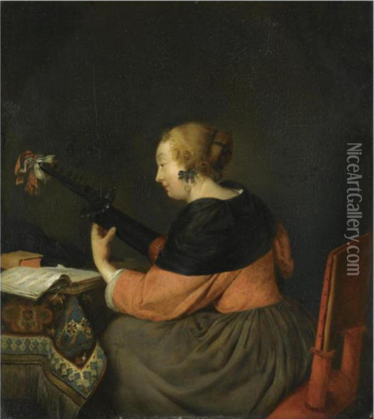 A Lady Seated At A Table Playing A Lute Oil Painting - Gerard Terborch