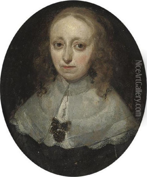 Portrait Of A Lady, Bust-length,
 In A Black Dress With A Lace Collar, And A Black Bow Brooch Oil Painting - Gerard Terborch