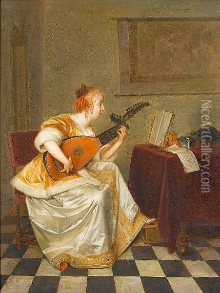 A Young Lady Playing A Lute In An Interior Oil Painting - Gerard Terborch