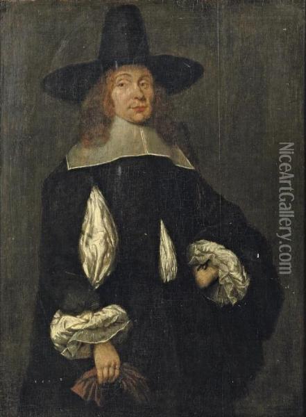 Portrait Of A Gentleman, 
Three-quarter-length, In A White Chemise, Black Costume And Hat, Holding
 Gloves In His Right Hand Oil Painting - Gerard Terborch