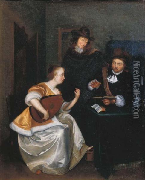 A Woman Playing The Theorbo Accompanied By Two Gentlemen, In Aninterior Oil Painting - Gerard Terborch