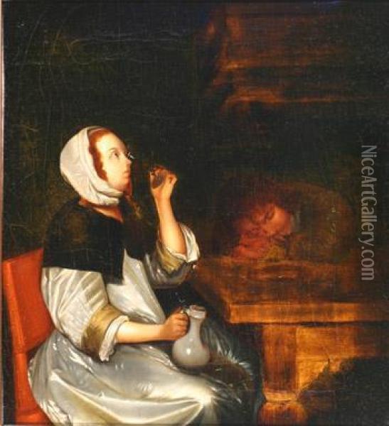 Woman Drinking Wine Beside A Sleeping Soldier Oil Painting - Gerard Terborch