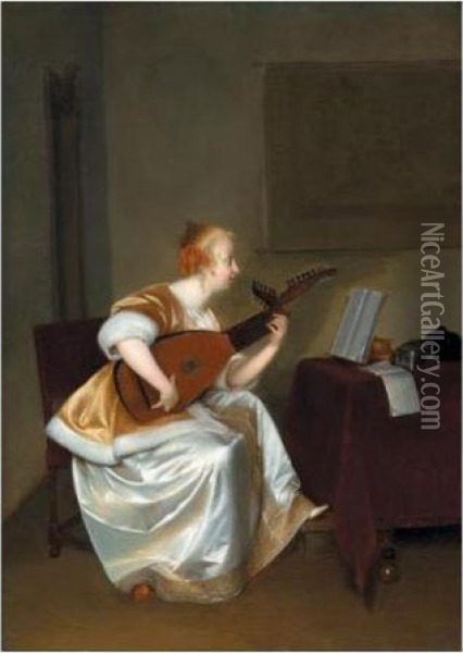 A Woman Playing A Lute Oil Painting - Gerard Terborch