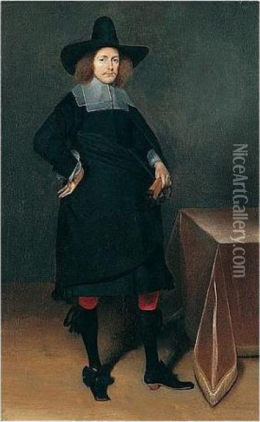 A Portrait Of A Gentleman, 
Standing Full-length, Wearing A Black Suit And Hat With White Collar And
 Cuffs And Holding Gloves, Near A Draped Table Oil Painting - Gerard Terborch