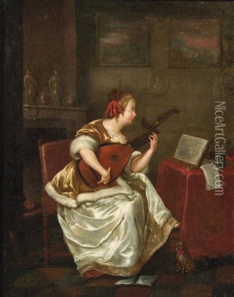 A Woman, Seated By A Table In An Interior, Playing The Lute Oil Painting - Gerard Terborch