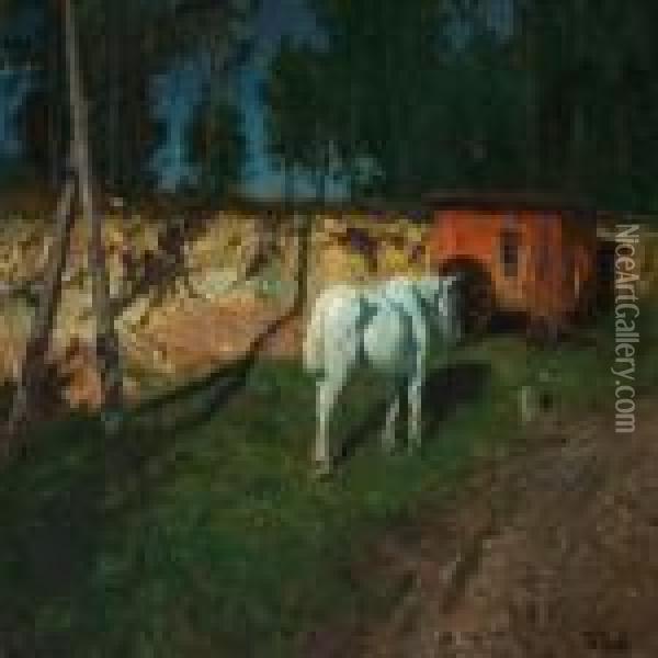 White Horse In Front Of A Red Workmen's Hut, Evening Light, France Oil Painting - Fritz Thaulow