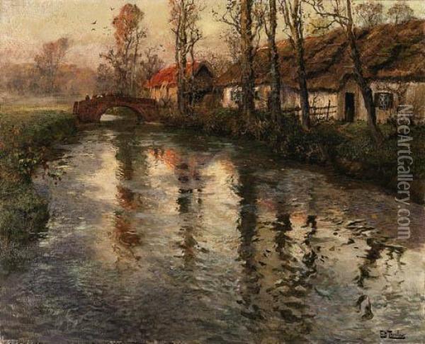 Cottages Along A River, Normandy Oil Painting - Fritz Thaulow