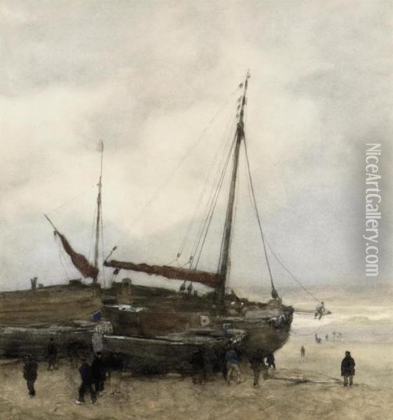 Fishing Boats On The Beach At Scheveningen Oil Painting - Willem Bastiaan Tholen