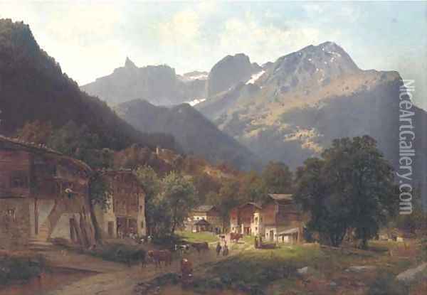An Alpine farming town Oil Painting - Josef Schoyerer