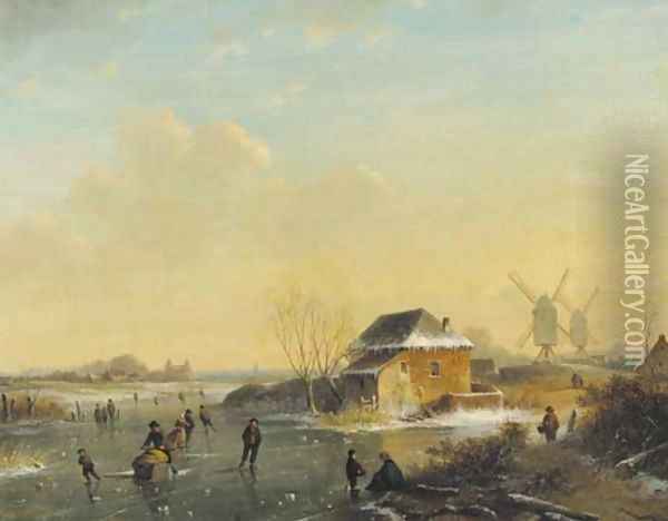 Skaters on a frozen waterway Oil Painting - Louis Smets
