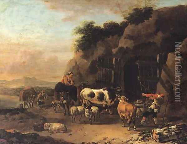 Peasants driving their cattle and sheep into a cave in an Italianate landscape Oil Painting - Jan Frans Soolmaker