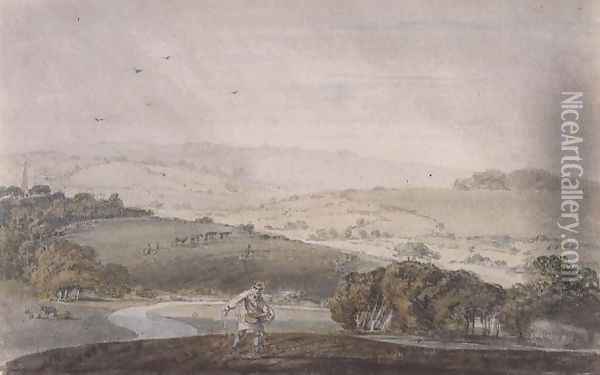 A Farmer Sowing, with a River Valley and Rolling Hills Beyond, c.1795 Oil Painting - Joseph Mallord William Turner