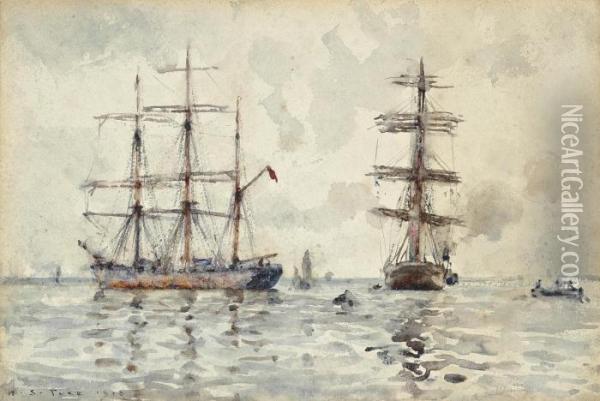 Windjammers At Anchor In A Calm Oil Painting - Henry Scott Tuke