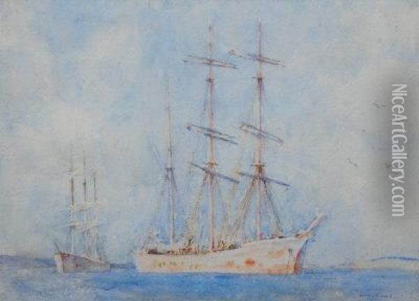 Ships At Anchor In Carrick Roads. Oil Painting - Henry Scott Tuke