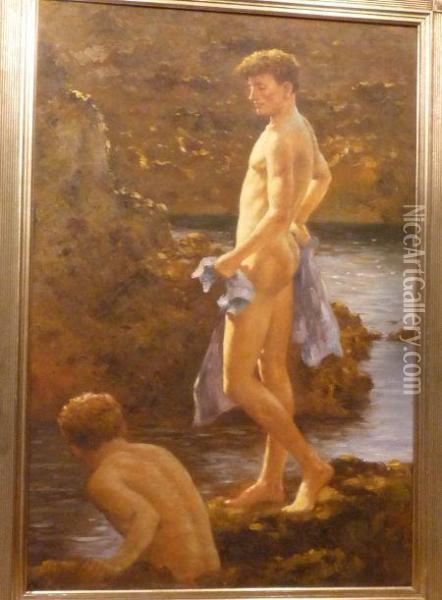 Two Young Gents Bathing Oil Painting - Henry Scott Tuke