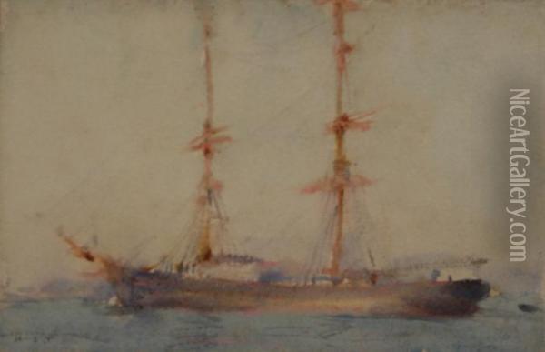 Study Of A Schooner In Falmouth Harbour Oil Painting - Henry Scott Tuke