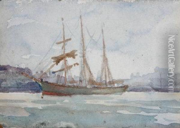Ship At Anchor. Oil Painting - Henry Scott Tuke