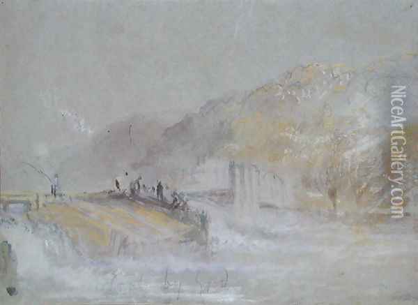 Foul by God River Landscape with Anglers Fishing from a Weir, c.1830 Oil Painting - Joseph Mallord William Turner