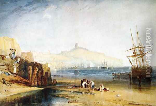 Scarborough Town and Castle: Morning: Boys Catching Crabs Oil Painting - Joseph Mallord William Turner