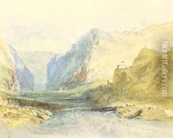 A scene in the Domleschg Valley in the Grisons, looking towards Thusis, with Castle Ortenstein, the church of St Lorenz Oil Painting - Joseph Mallord William Turner