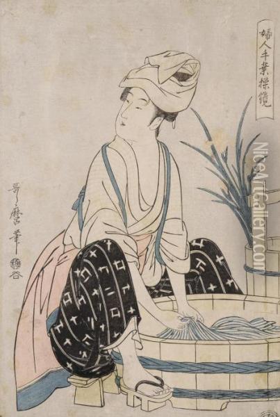 Sentaku [washing Clothes] Oil Painting - Kitagawa Utamaro