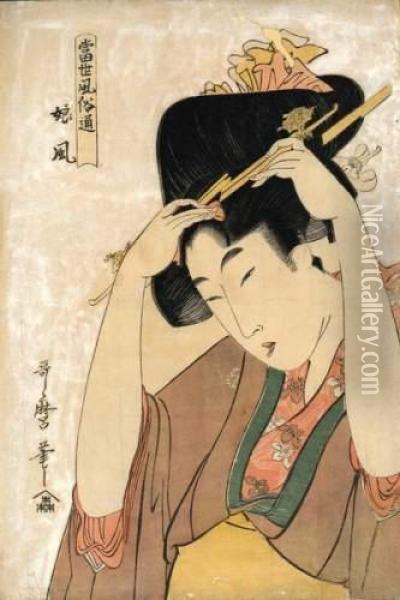 Jeune Femme S'ajustant Une Epingle A Cheveux Oil Painting - Kitagawa Utamaro