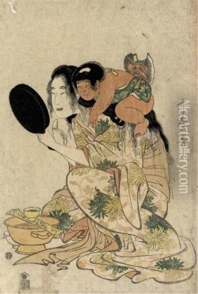Yamauba Looking In A Mirror While Blackening Her Teeth Oil Painting - Kitagawa Utamaro