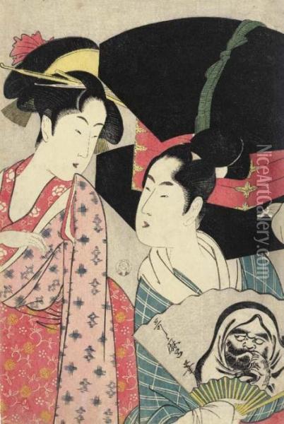 Fan Seller And Beauty Oil Painting - Kitagawa Utamaro