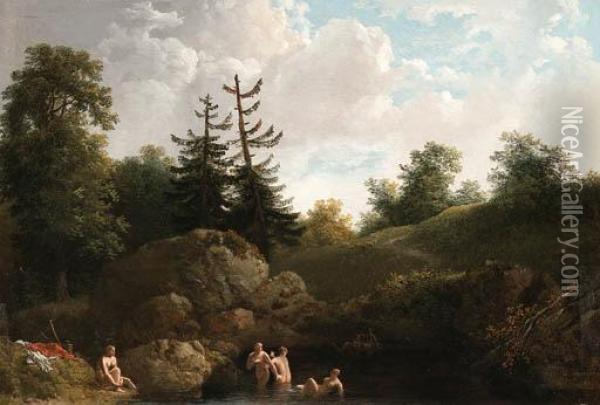 A River Landscape With Bathers Oil Painting - Jacques Antoine Vallin