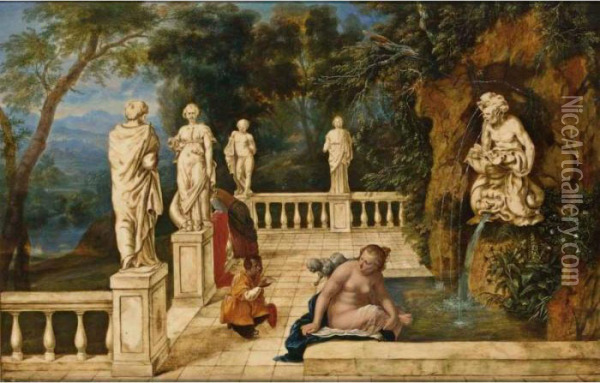 Bathsheba Receiving A Letter 
Announcing The Death Of Her Husband Uriah's Death, In An Architectural 
Capriccio With A Sculpted Fountain And A Distant Landscape Oil Painting - Hendrik van Balen
