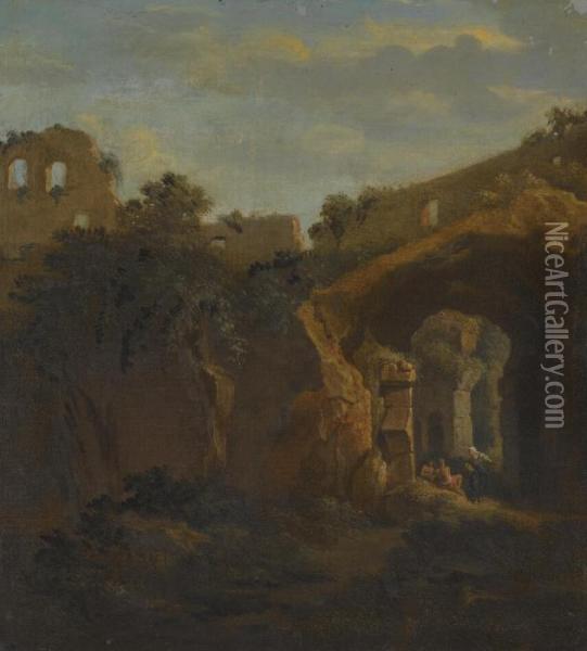 The Interior Of The Colosseum With Figures Resting Under An Archway Oil Painting - Jan Frans Van Bloemen (Orizzonte)