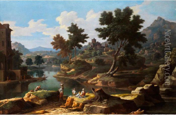 Italienische Landschaft Mitwascherinnen, Fischern Und Burg Oil Painting - Jan Frans Van Bloemen (Orizzonte)