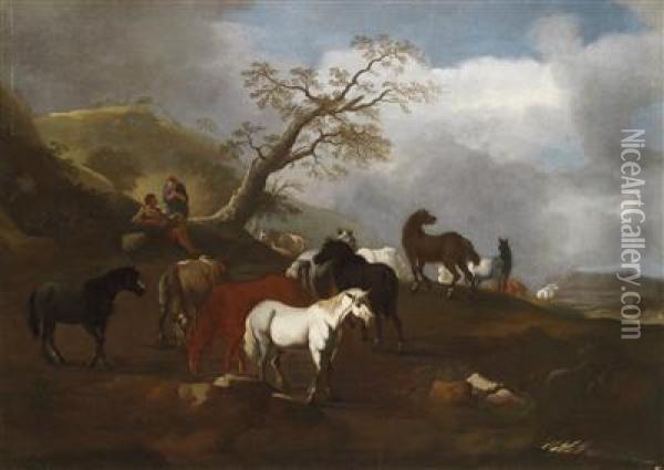 Landscape With Horses Oil Painting - Pieter van Bloemen