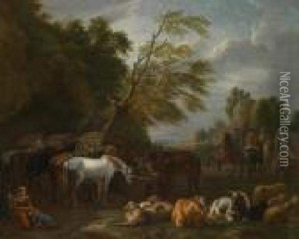 A Cavalry Camp In A Rural Setting Oil Painting - Pieter van Bloemen