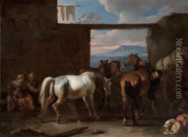 Pferde Und Hunde Mit Figuren Vor Einem Wirtshaus Oil Painting - Pieter van Bloemen