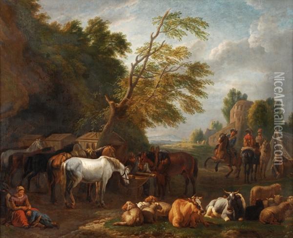 A Military Encampment In A 
Wooded Landscape With Sheepand Cattle Grazing, And Mounted Cavalry 
Behind Oil Painting - Pieter van Bloemen