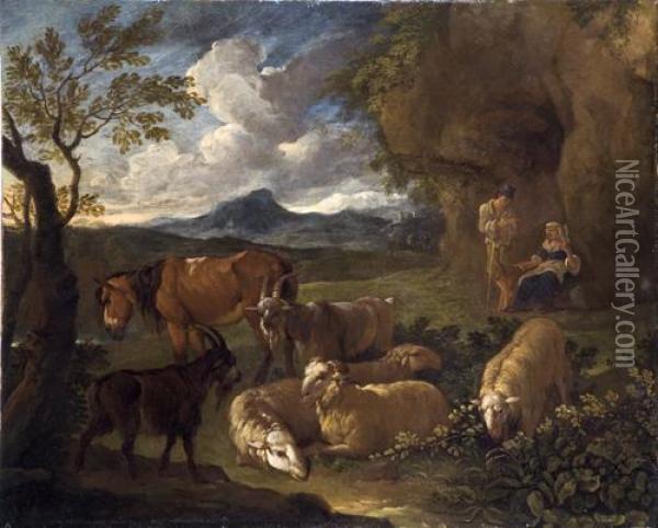 Pastore E Contadina Con Armenti In Un Paesaggio Oil Painting - Pieter van Bloemen