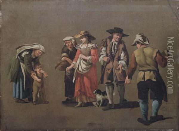 A Group Of Peasants - A Study Oil Painting - Pieter van Bloemen