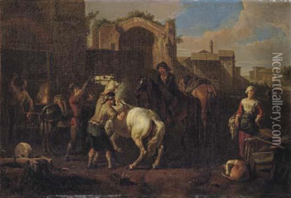 A Blacksmith's Forge With A Blacksmith Branding A Horse Oil Painting - Pieter van Bloemen
