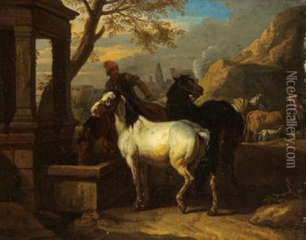 Cavalli A Un Abbeveratoio In Un Paesaggio Meridionale Oil Painting - Pieter van Bloemen