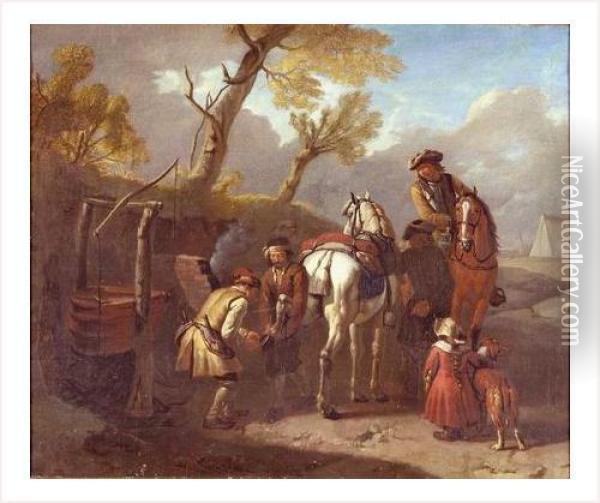 Une Halte De Cavaliers Chez Le Marechal Ferrant Oil Painting - Pieter van Bloemen
