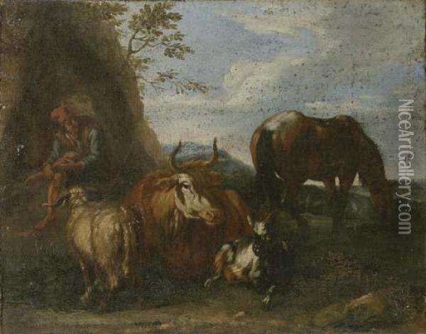 Pastore Con Armenti; E Sosta Di Cavalieri Presso Un Casolare Oil Painting - Pieter van Bloemen