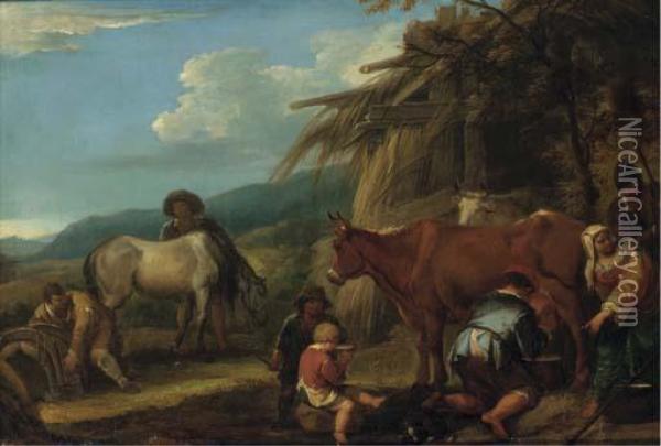 A Peasant Milking A Cow With A 
Groom And Horse And Other Peasantsby A Hut, A Landscape Beyond Oil Painting - Pieter van Bloemen