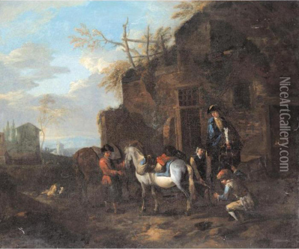 Horsemen At A Blacksmith's Forge, With A Horse Being Shod Oil Painting - Pieter van Bloemen