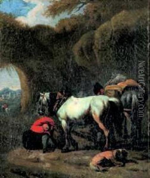 Cavalli Con Cane E Figura Oil Painting - Pieter van Bloemen