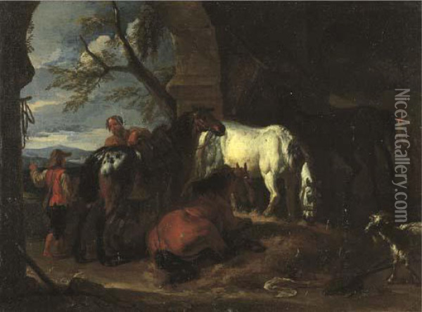 Cavalli E Armenti Nella Stalla Di Un Maniscalco Oil Painting - Pieter van Bloemen